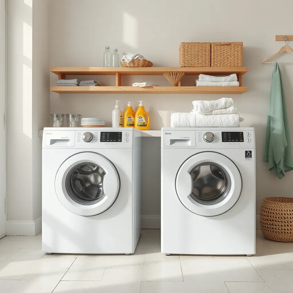 Two modern front-loading washing machines in a clean, bright laundry room with folded towels nearby