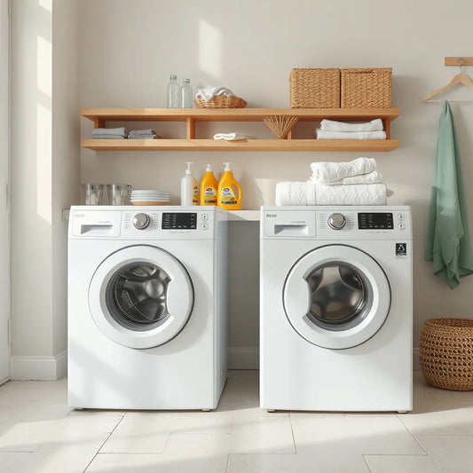 Two modern front-loading washing machines in a clean, bright laundry room with folded towels nearby