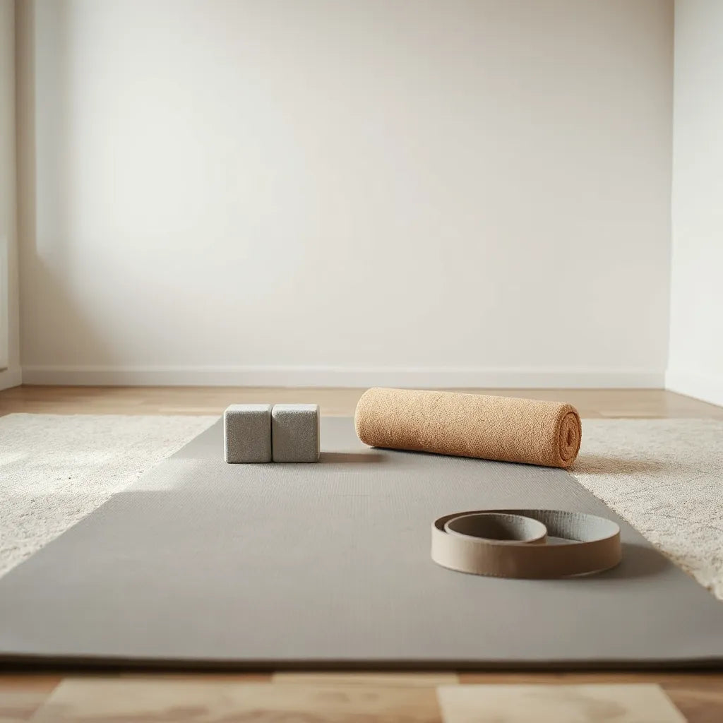 Yoga mat with blocks, strap, blanket, and bolster props arranged for comfortable supported poses