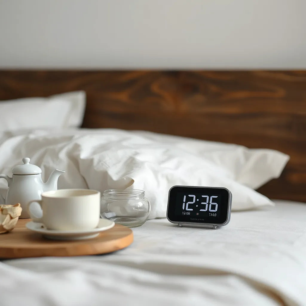 Compact smart alarm clock on a nightstand with a clear display and subtle indicator lights