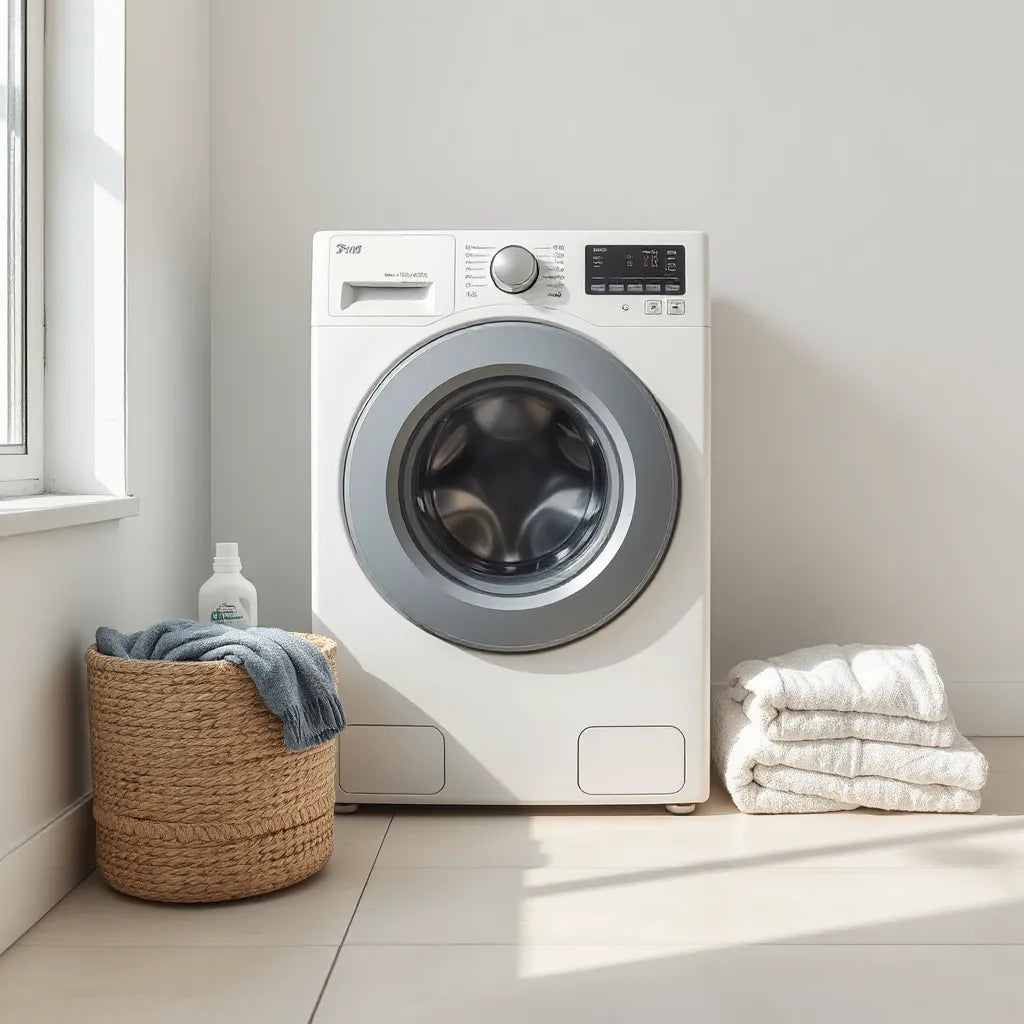 Modern washing machine in a bright laundry room with folded towels and detergent bottles nearby