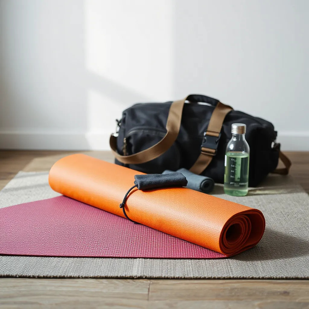 Lightweight yoga mat laid out beside an open travel bag with accessories for easy packing