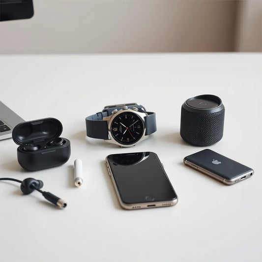 Sleek everyday smart gadgets arranged on a modern desk under soft lighting