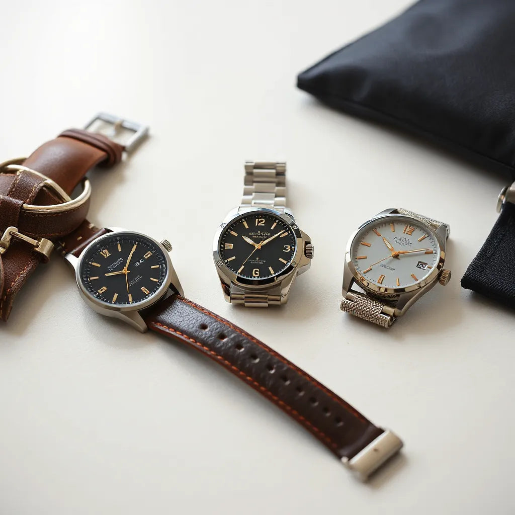 Men's fashion watches with leather and metal straps on a neutral tabletop