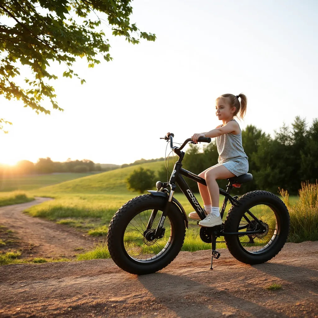 Girl riding a fat-tire bicycle with wide knobby tires on a dirt path near greenery.