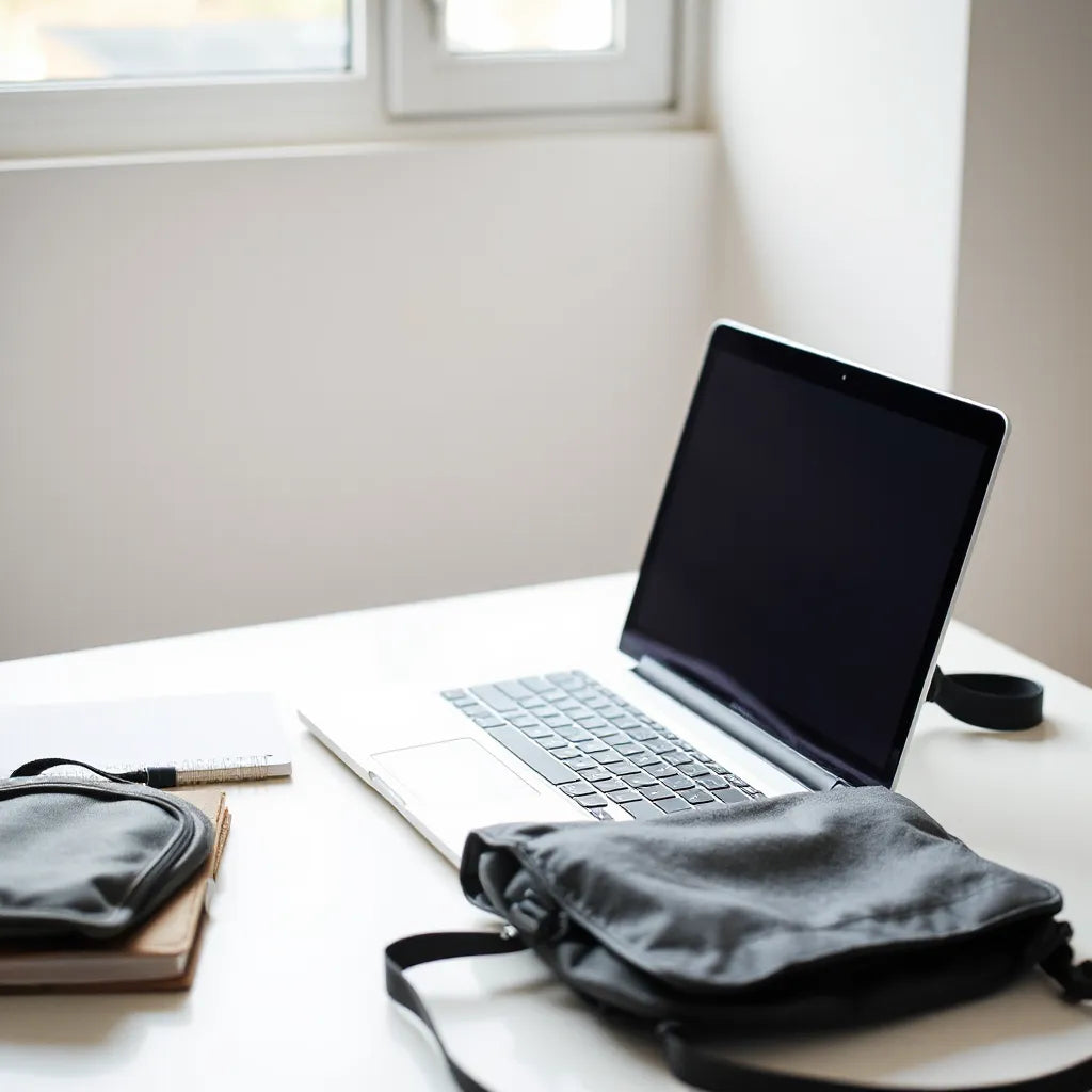Student laptop on a desk with backpack and notebook in a bright study space