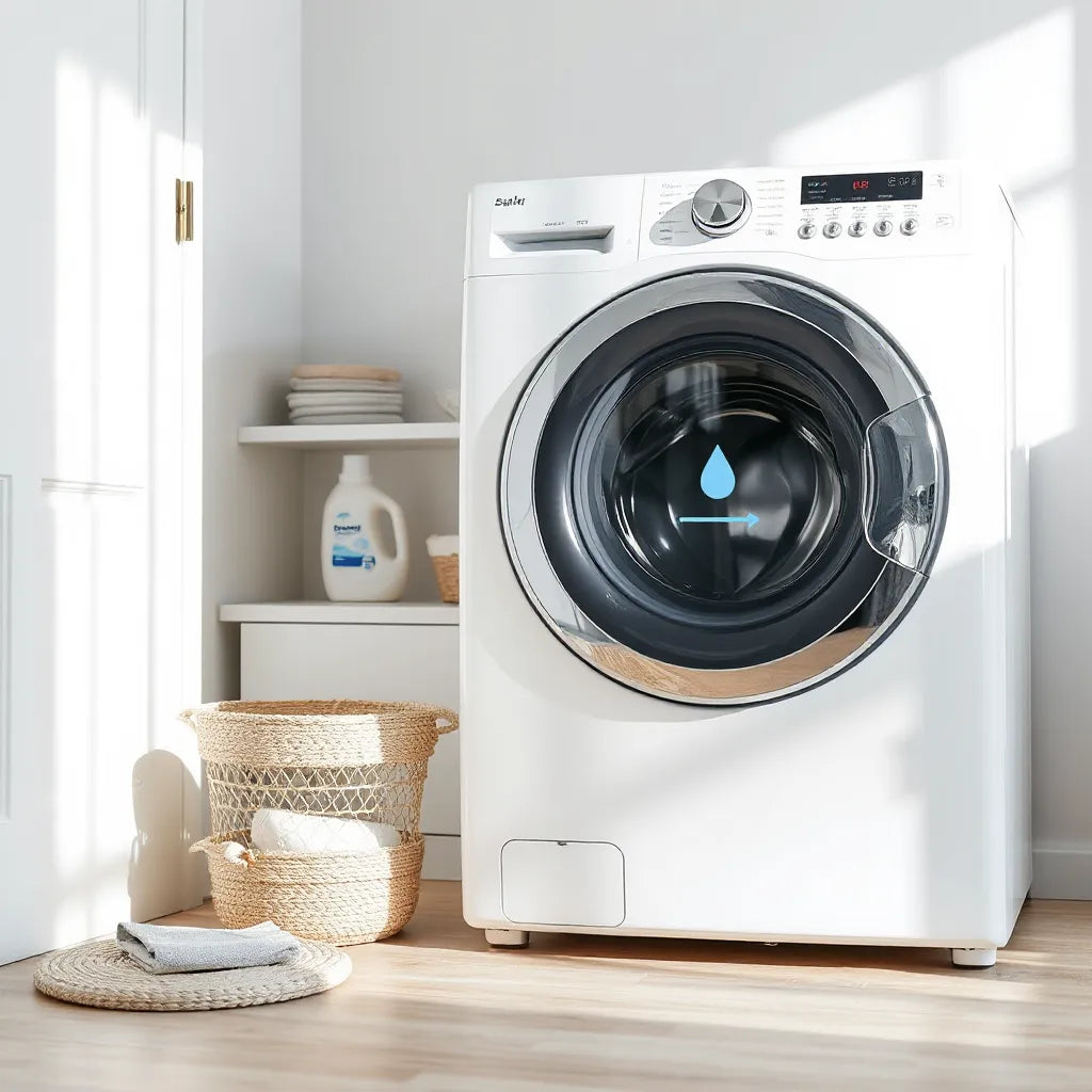 Energy-efficient front-loading washing machine in a bright, modern laundry room