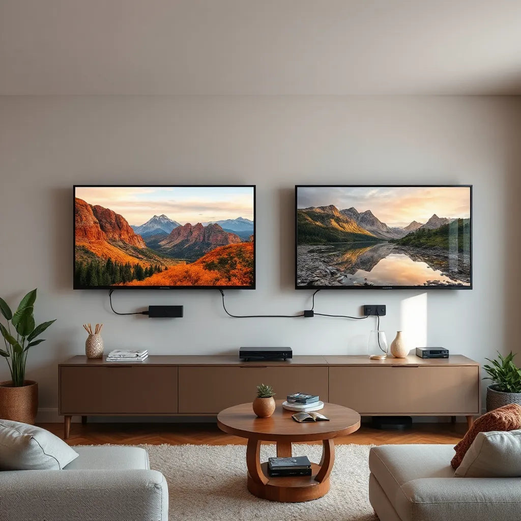 Modern living room with wall-mounted smart TVs displaying vivid entertainment scenes