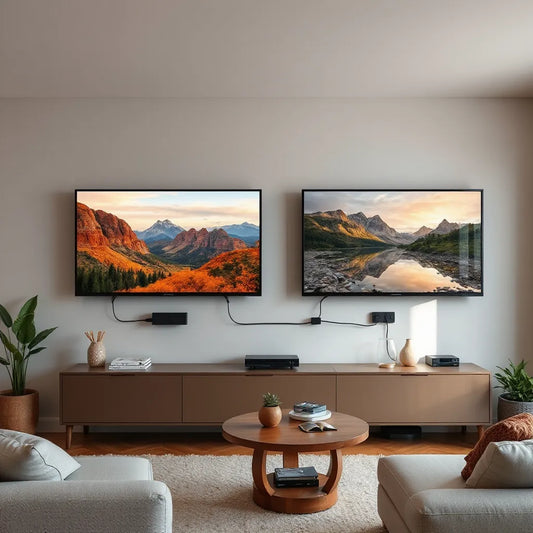 Modern living room with wall-mounted smart TVs displaying vivid entertainment scenes