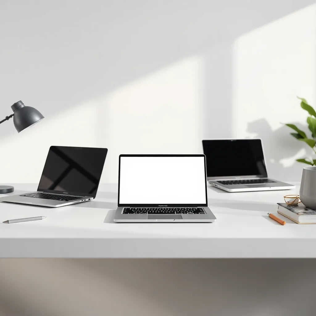 Three modern laptops on a minimalist desk with open screens under soft natural light