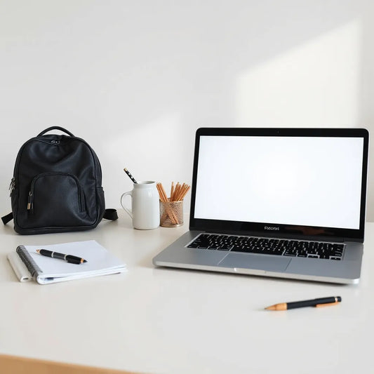 Student study desk with an open laptop, backpack, and notebook in soft natural light