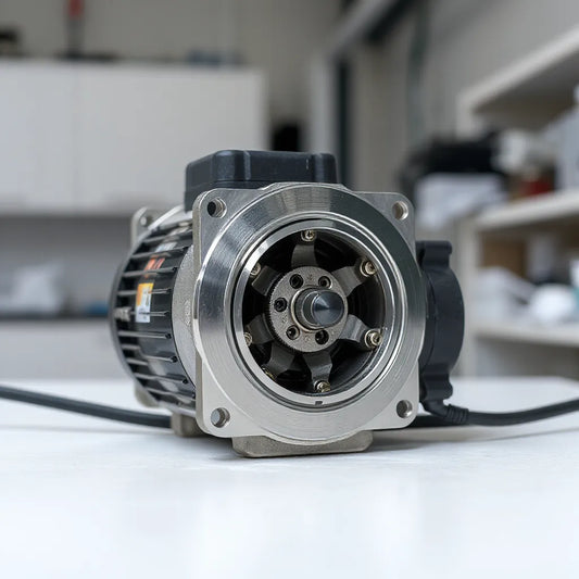 Modern brushless motor module with metallic housing and rotor details on a clean workbench, suggesting quiet, efficient operation