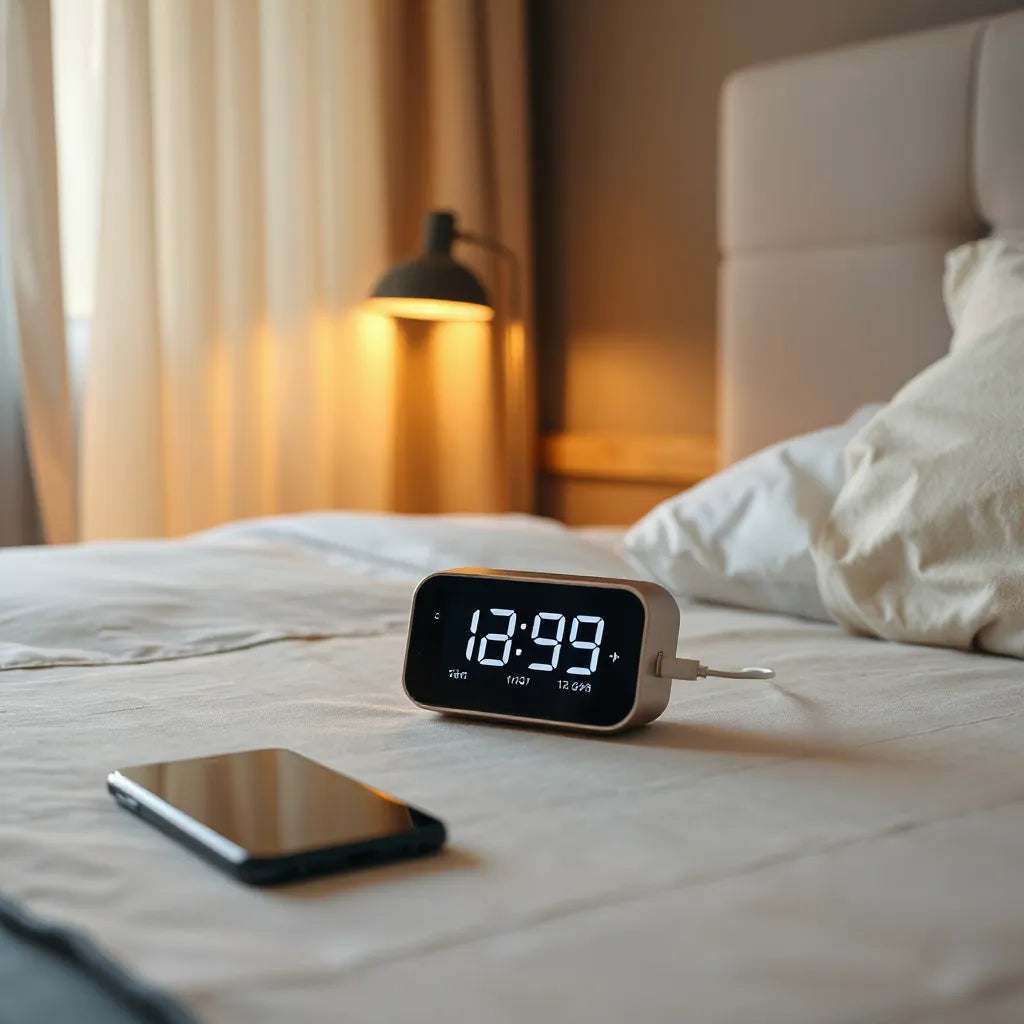 Modern bedside table with a glowing intelligent clock and warm night lighting