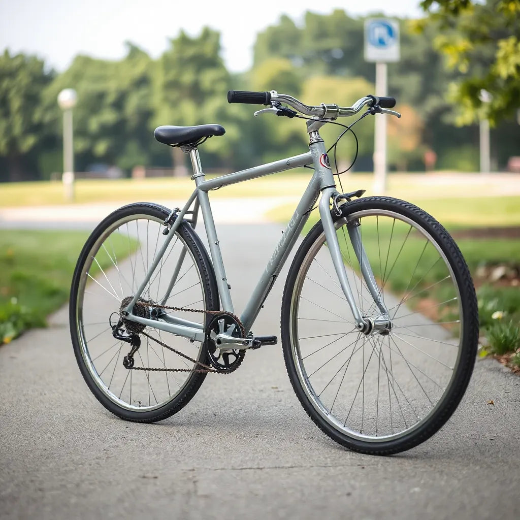 Mountain bike with 26-inch wheels parked on a paved path in daylight