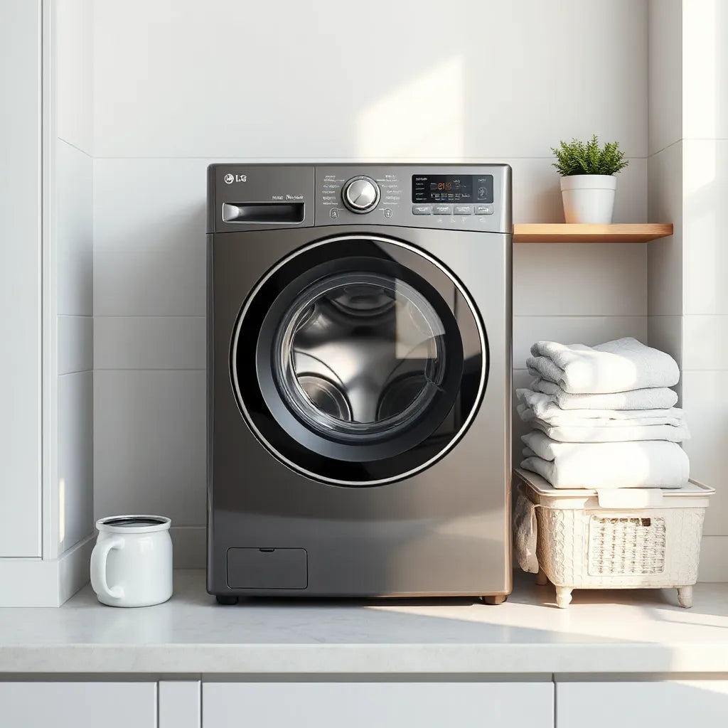 Modern front-loading washing machine with neatly folded laundry in a bright, clean laundry room