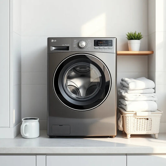 Modern front-loading washing machine with neatly folded laundry in a bright, clean laundry room
