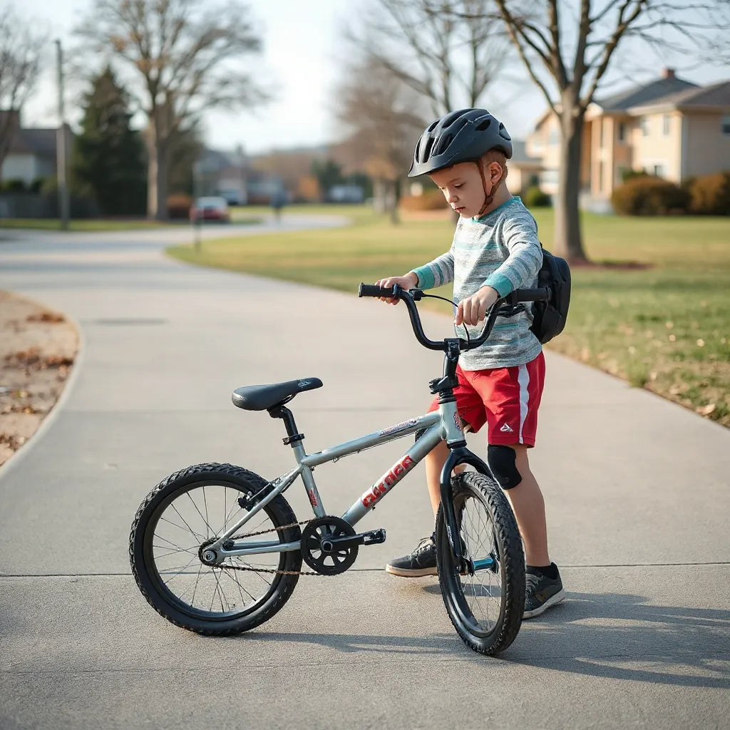 Young rider on a small BMX bike adjusting the seat height with helmet and pads at a park