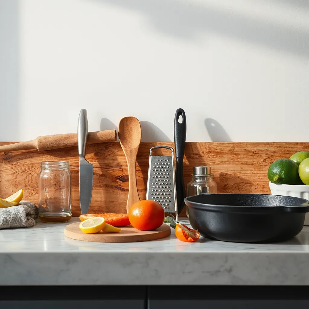 Stainless steel kitchen tools and a cast-iron pan neatly arranged on a modern countertop