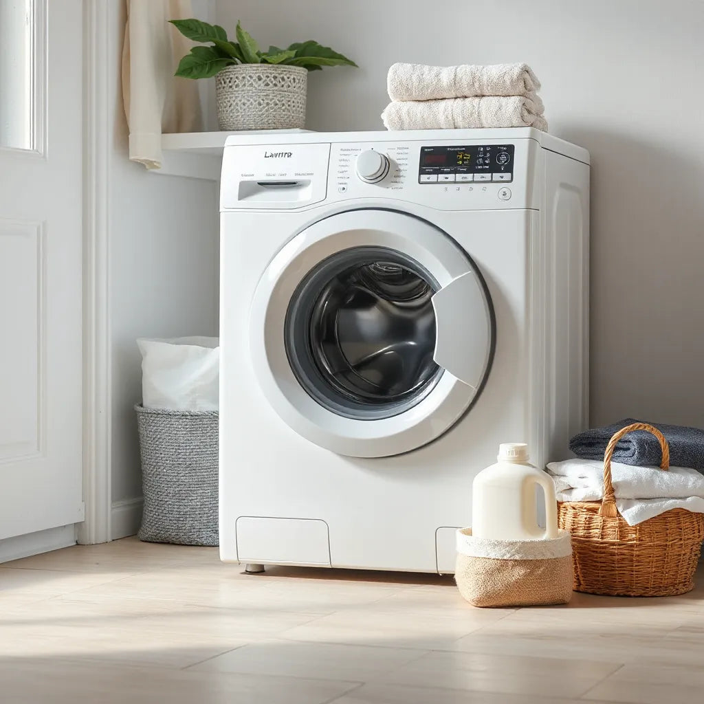 Front-loading washing machine in a modern laundry room with neatly folded towels and a clean control panel