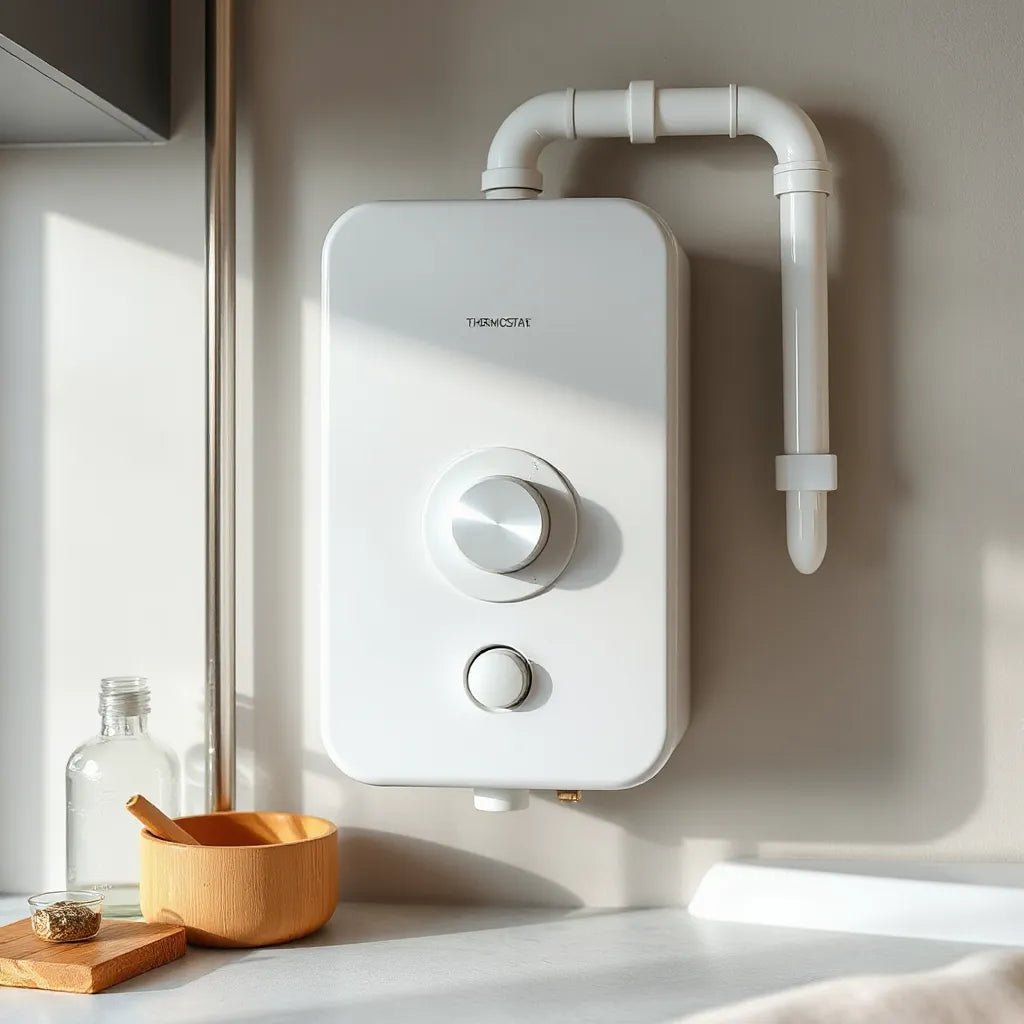 Wall-mounted adjustable thermostat geyser with visible temperature control dial and clean plumbing lines