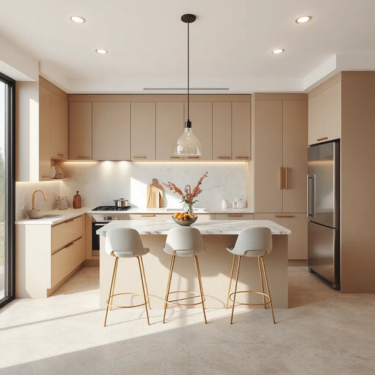 Bright modern kitchen with sleek cabinetry, elegant lighting, and a clean countertop island