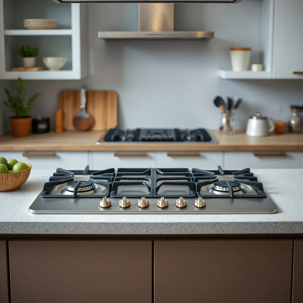 Modern four-burner gas hob on a clean kitchen countertop with control knobs visible