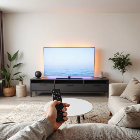 Person holding a remote while a smart TV shows a clean home interface in a modern living room