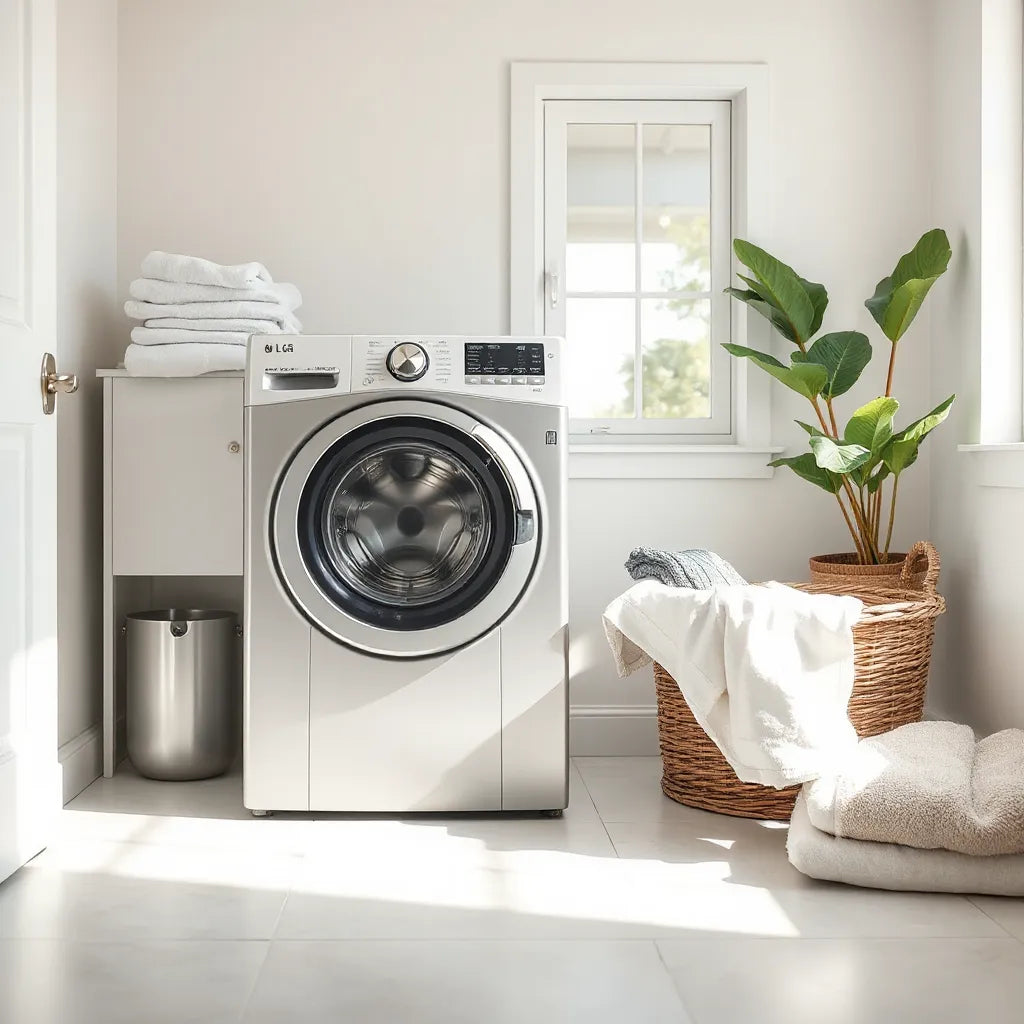 Front-loading washing machine with clean laundry basket and folded towels in a bright laundry room