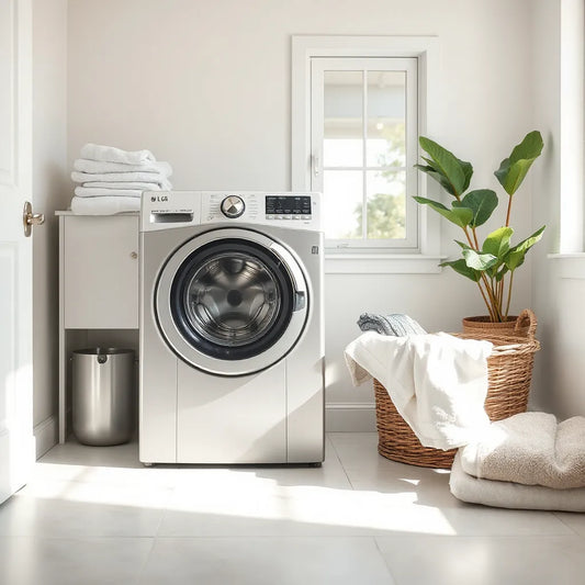 Front-loading washing machine with clean laundry basket and folded towels in a bright laundry room