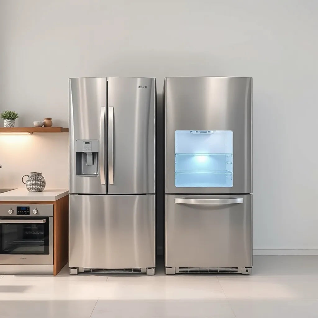 Two modern refrigerators in a bright kitchen with cool-toned light suggesting efficient cooling performance