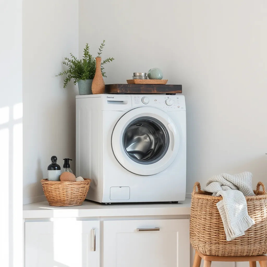 Compact front-load washing machine in a small laundry corner with a laundry basket