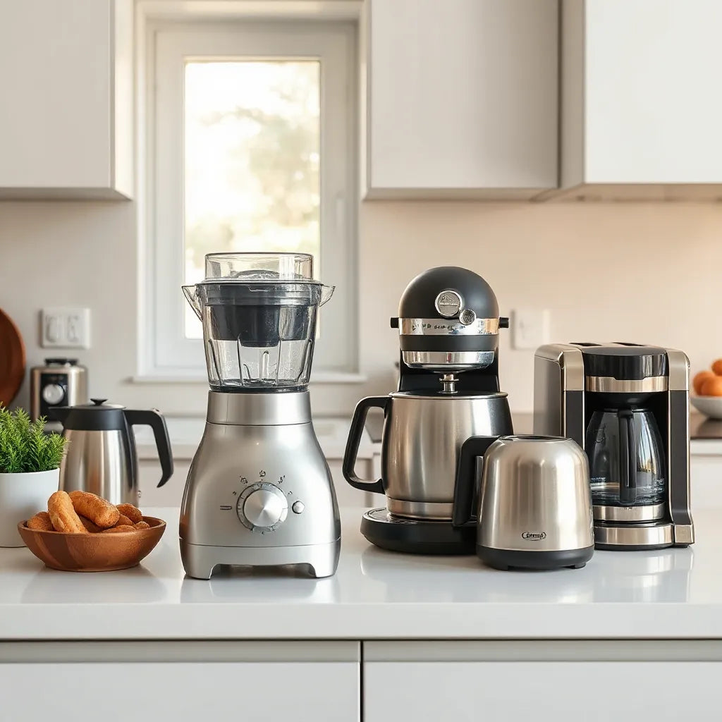 Stainless steel kitchen countertop appliances arranged neatly in a modern, bright kitchen