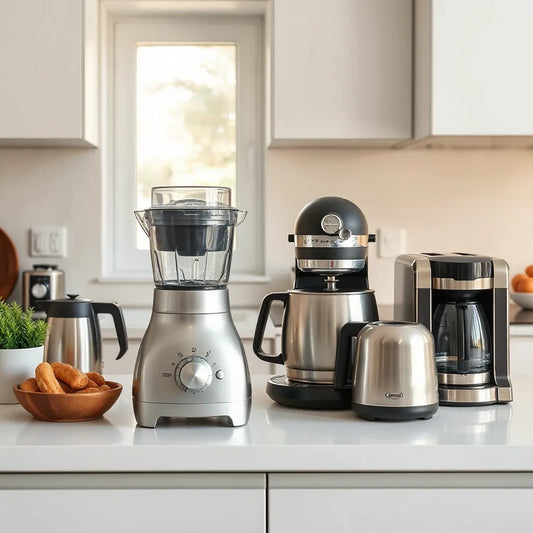 Stainless steel kitchen countertop appliances arranged neatly in a modern, bright kitchen