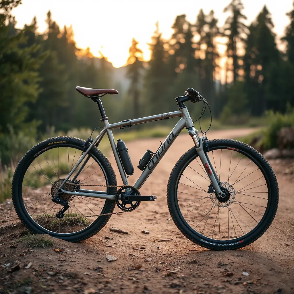 Foldable men’s mountain bike with knobby tires resting on a dirt trail near a forest