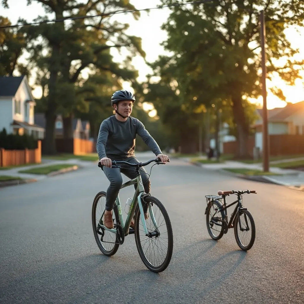 Child and parent riding bicycles together on a quiet street at sunset
