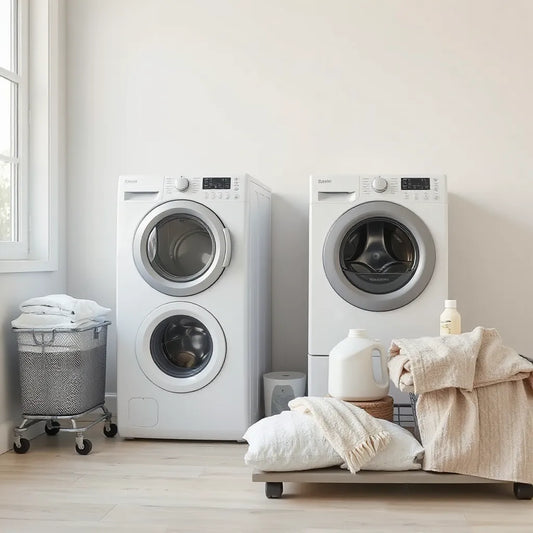 Smart washing machine and dryer in a bright laundry room with neatly folded towels