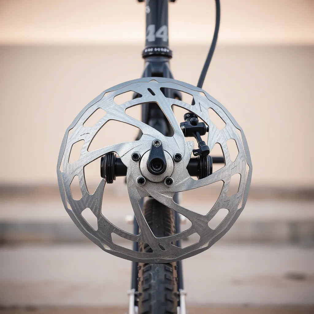 Close-up of BMX dual disc brake rotors and calipers for controlled, reliable stopping