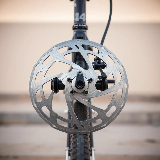 Close-up of BMX dual disc brake rotors and calipers for controlled, reliable stopping
