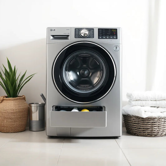 Sleek front-load washing machine in a bright laundry room with clean towels ready for a wash cycle