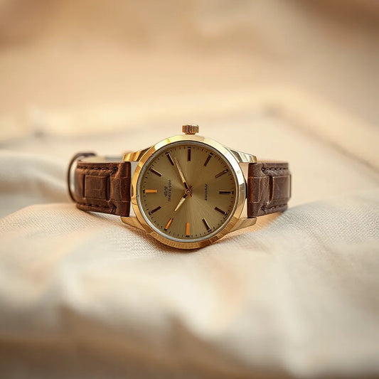 Durable brass case watch with brushed metal texture in warm light on neutral fabric