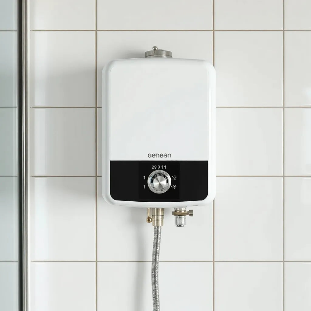 Wall-mounted geyser with a digital temperature meter display and control knob in a clean tiled bathroom