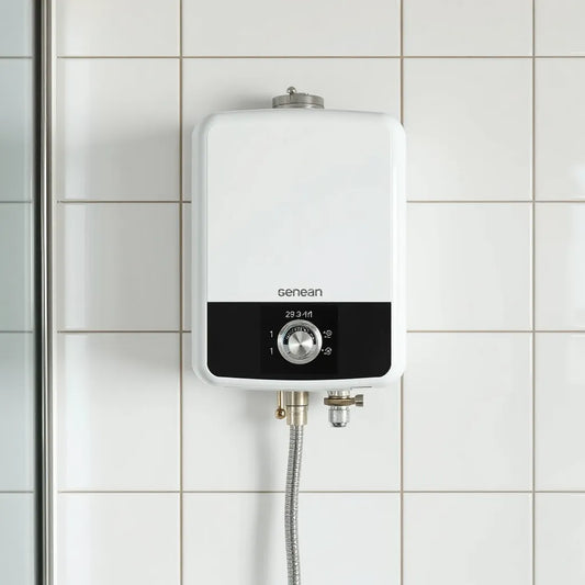 Wall-mounted geyser with a digital temperature meter display and control knob in a clean tiled bathroom