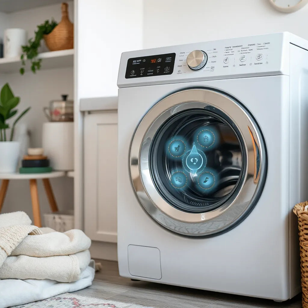 Modern washing machine with smart interface elements showing adaptive cleaning and water flow control