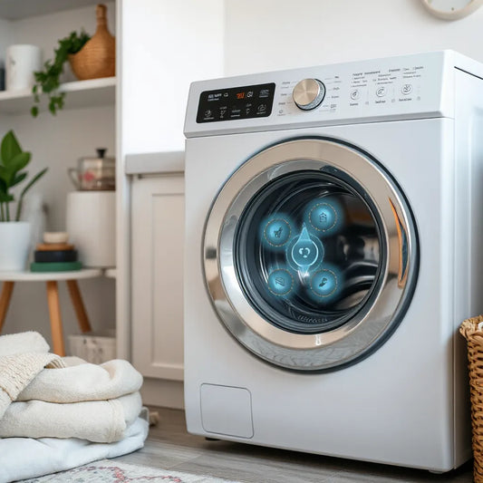 Modern washing machine with smart interface elements showing adaptive cleaning and water flow control