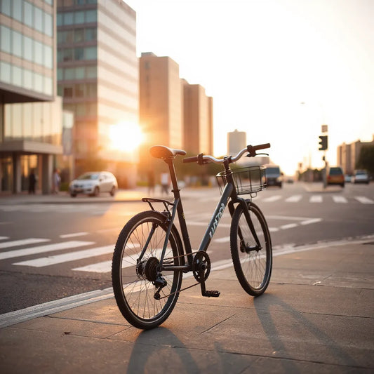 Urban commuting bike parked near a modern city street during golden hour