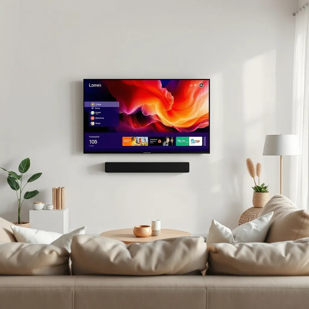 Large flat-screen smart TV in a modern living room with cozy seating and soft daylight.