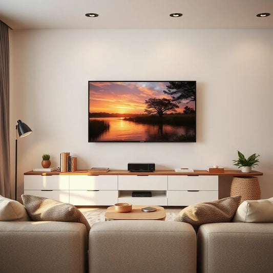 Modern living room with a wall-mounted 4K smart TV displaying crisp high-resolution visuals
