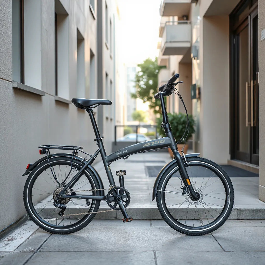 Sleek lightweight folding bike ready for an easy city commute on a quiet sidewalk.