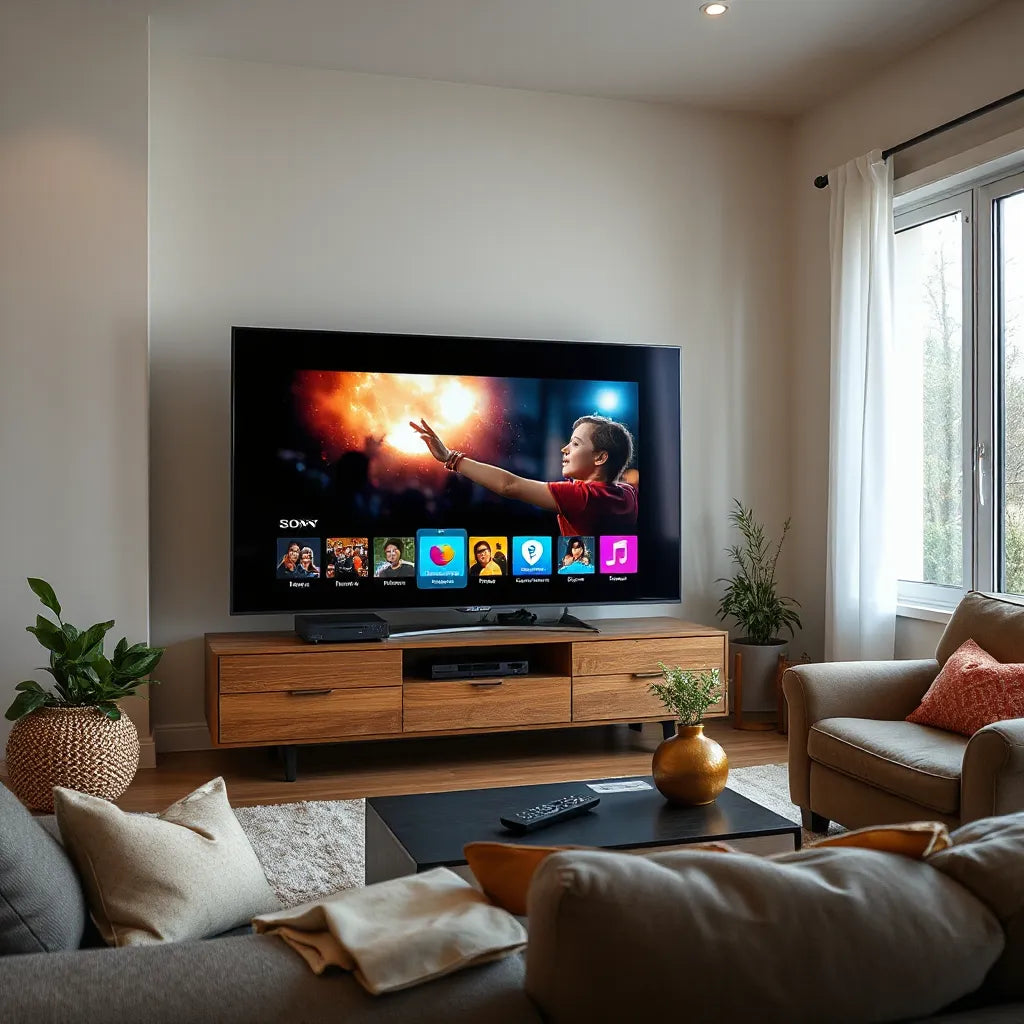 Modern living room setup with a large streaming TV and nearby media devices for home entertainment