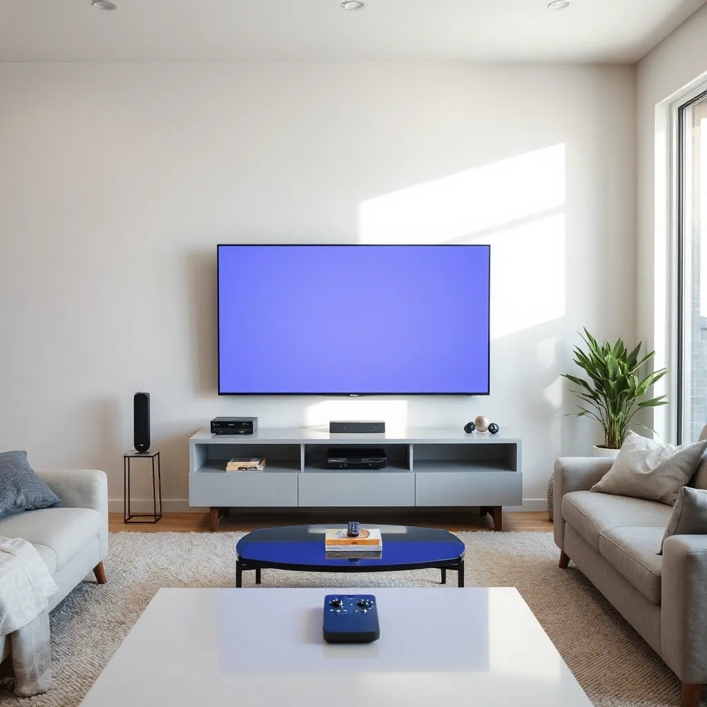 65-inch flat-screen TV in a modern living room with cinematic lighting tones